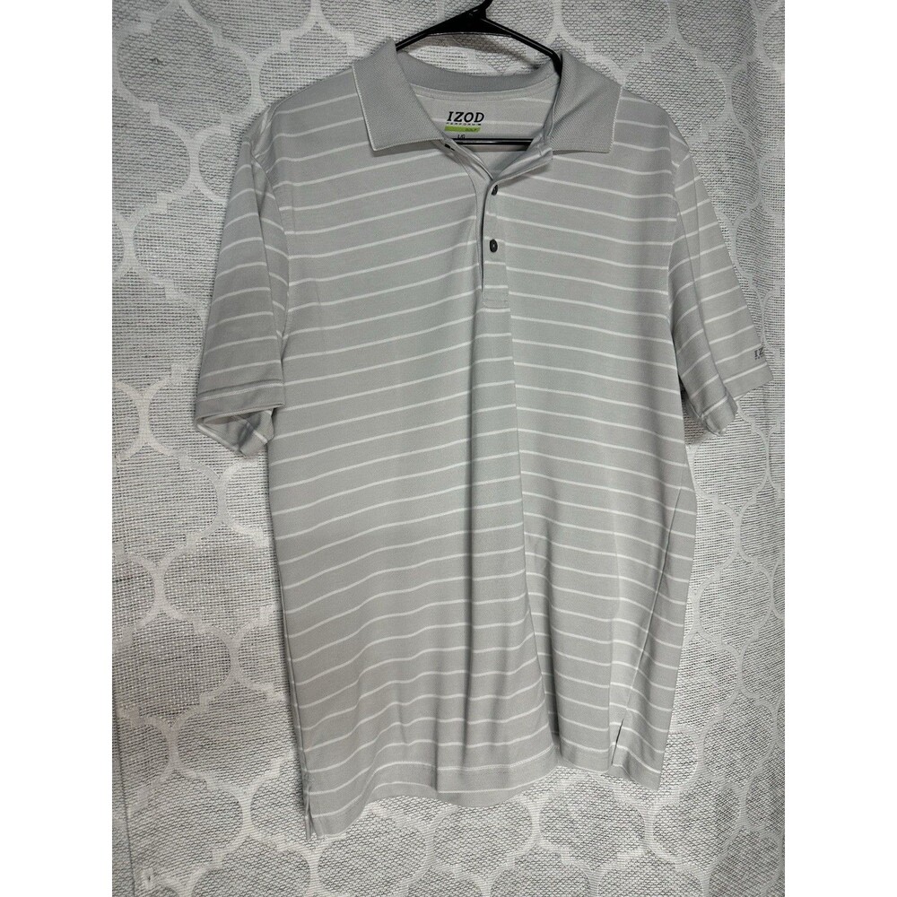 IZOD Performance Golf Polo Shirt Mens Large L Gray White Striped Short Sleeve